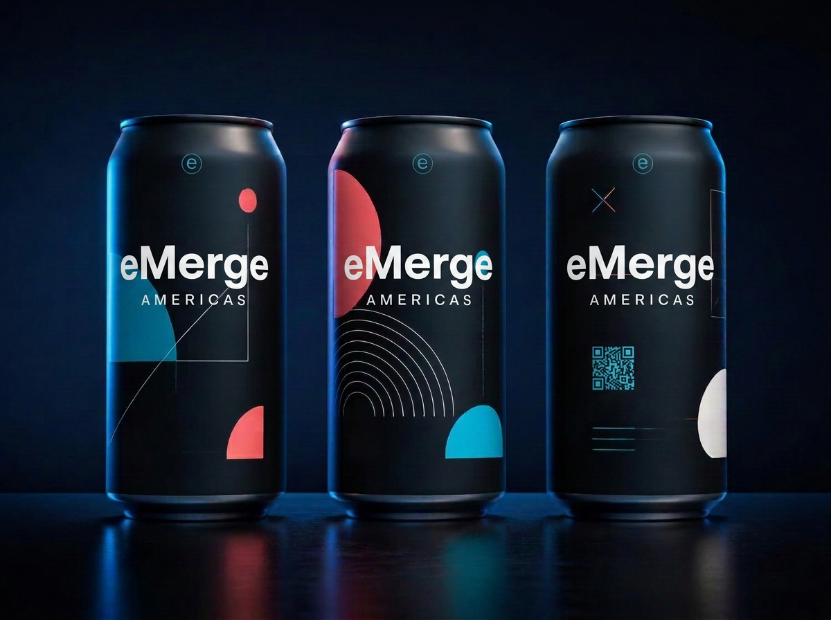 Three matte black collectible cans branded with the eMerge Americas wordmark and cyan and coral geometric artwork
