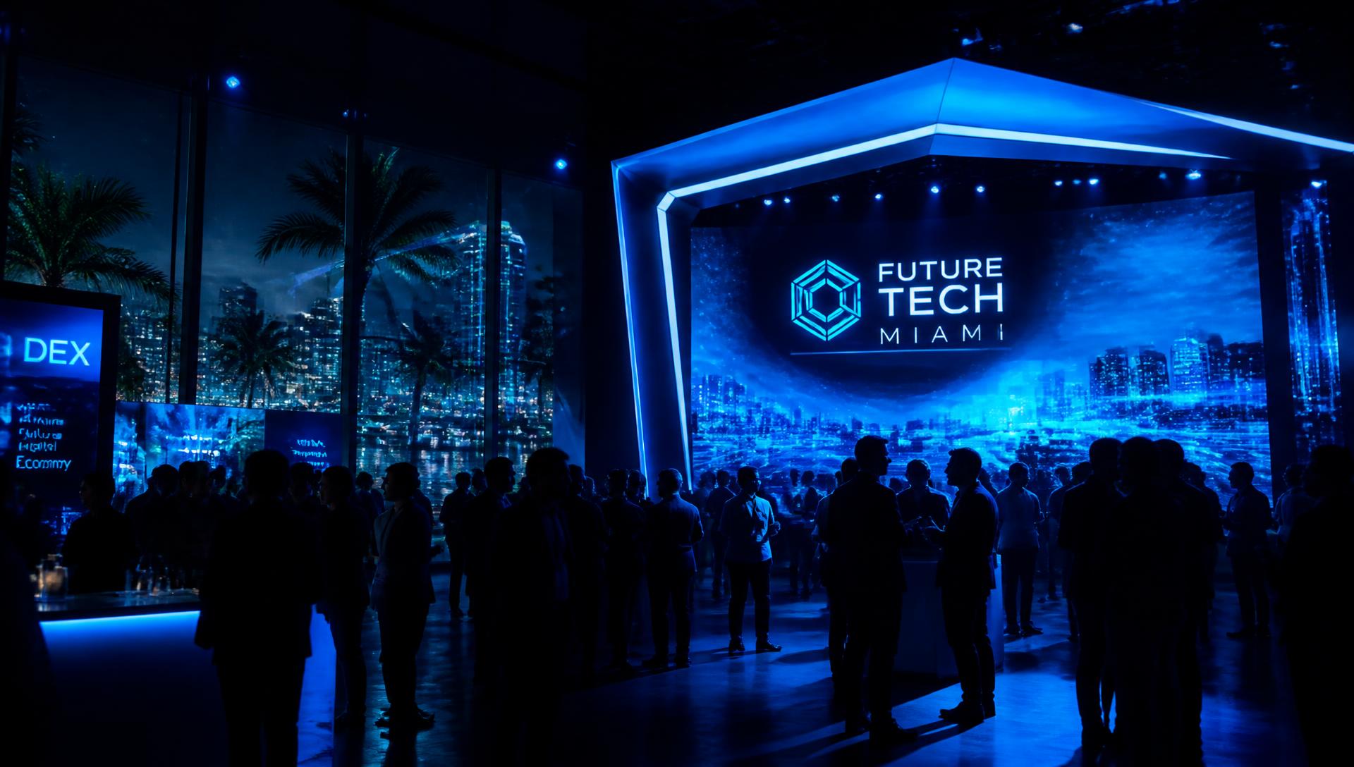 Attendees gathered in front of a glowing stage on the eMerge Americas expo floor in Miami
