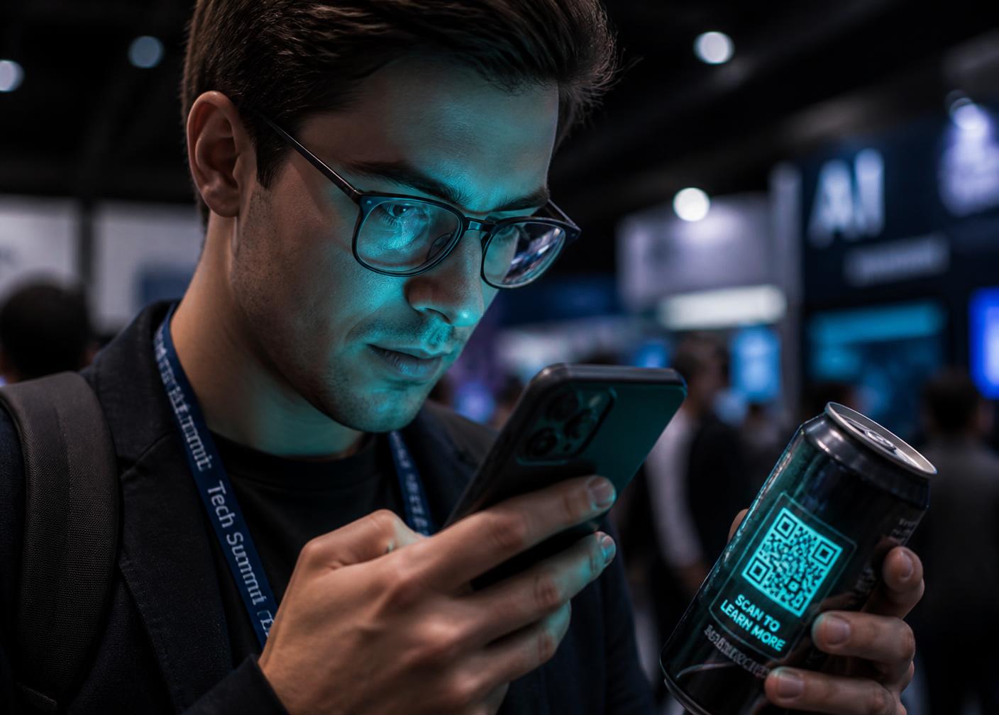 An attendee scanning a QR code on a can with their phone